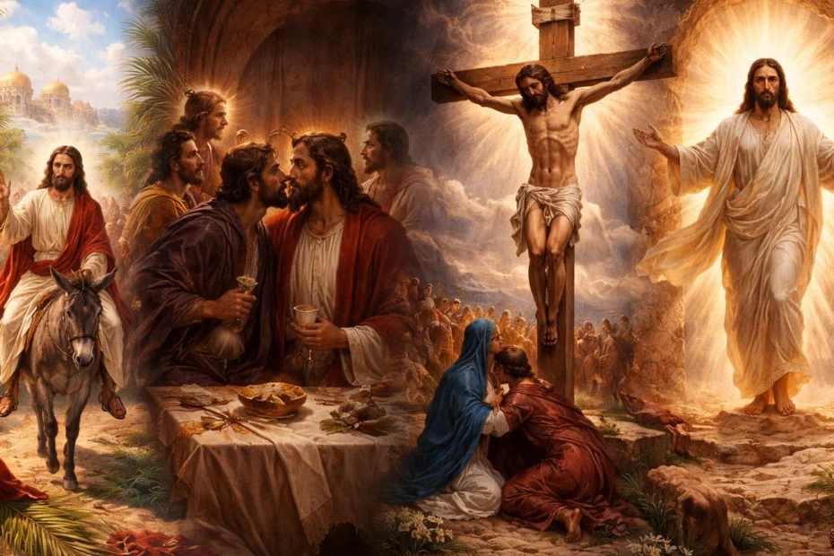 The sequence of the Holy Week, starting on Palm Sunday, and ending with the Resurrection.